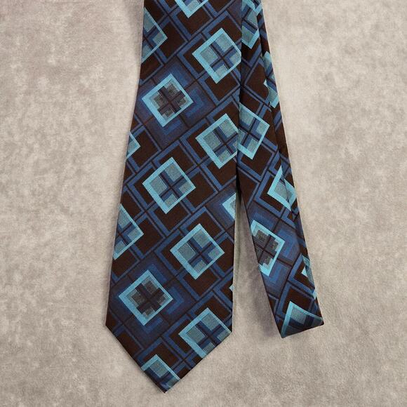 Covington Blue Brown Geometric Square Executive Silk Executive Neck Tie Men's - Picture 2 of 6